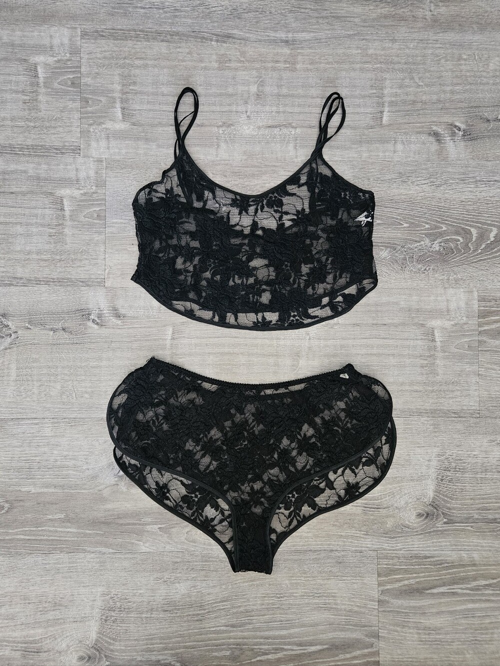 VTG On Gossamer Corded Floral Lace Mesh Set 90s Made in USA Cropped Coquette M